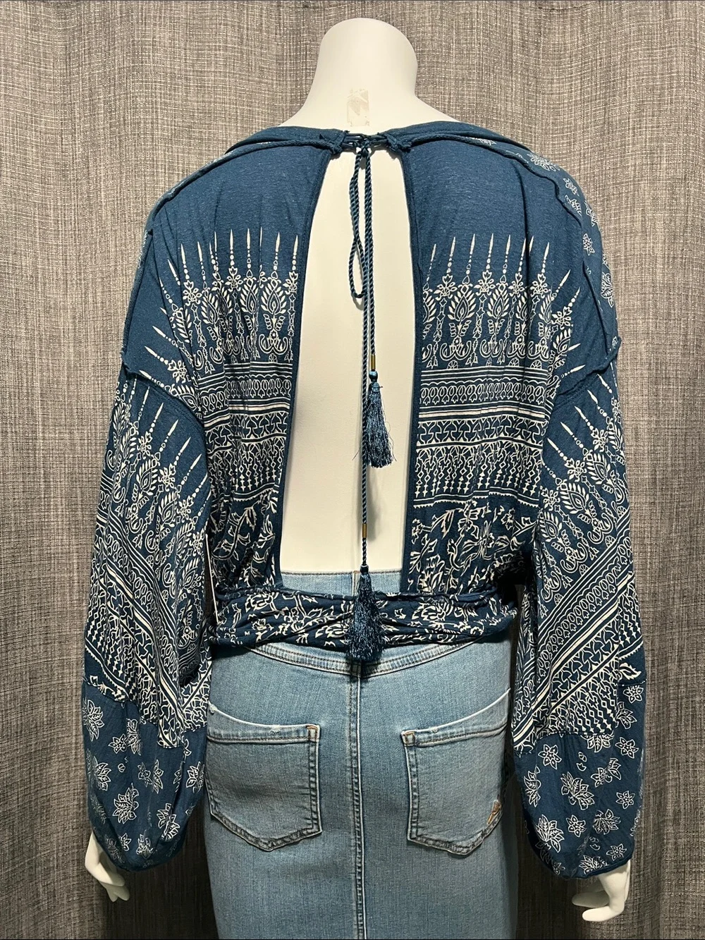 Free People Printed Blue Warrior Long Sleeve Open Back Top NWT XS